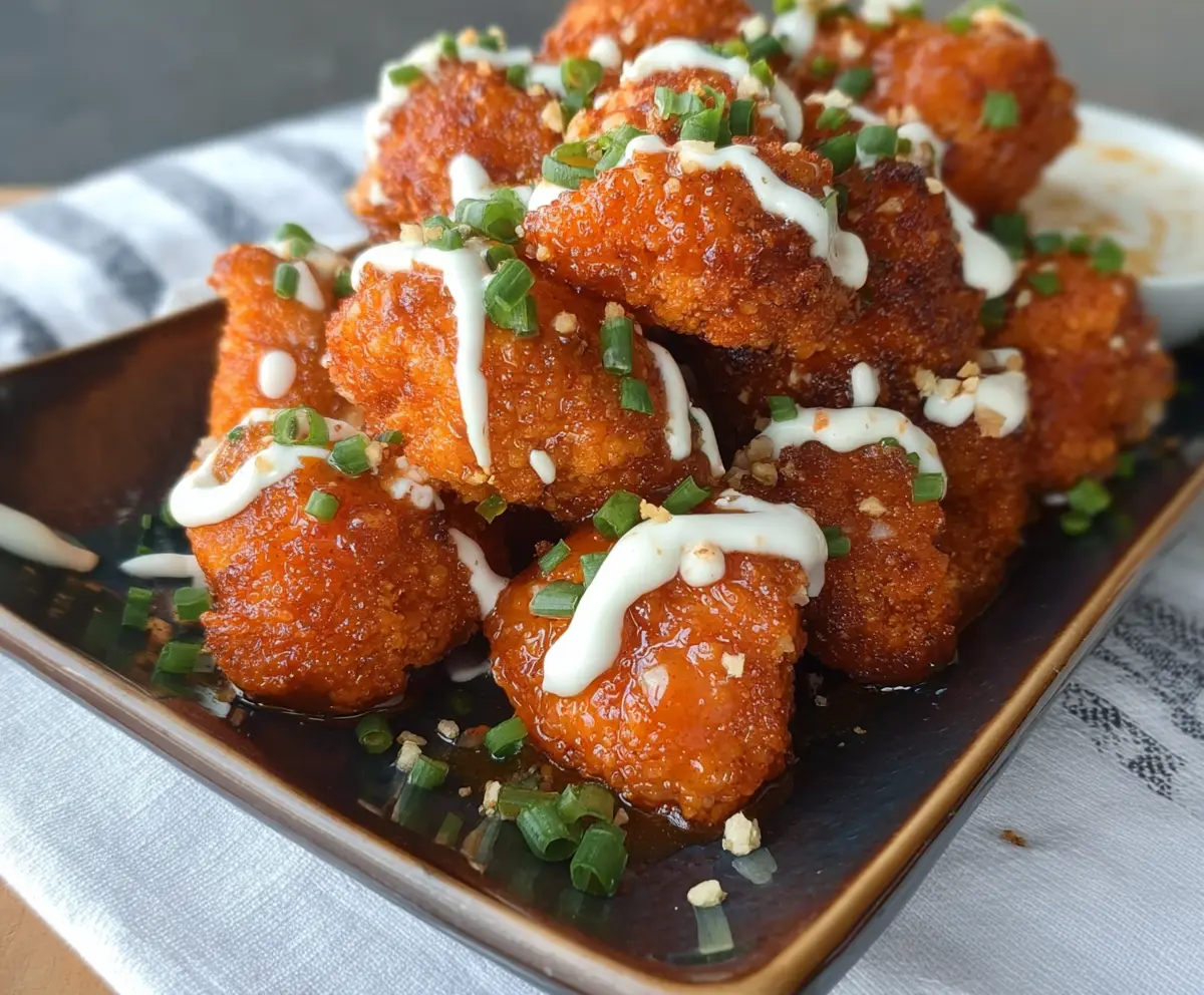 Spicy Firecracker Cauliflower Bites served on a white plate with dipping sauce, perfect for snacking or parties