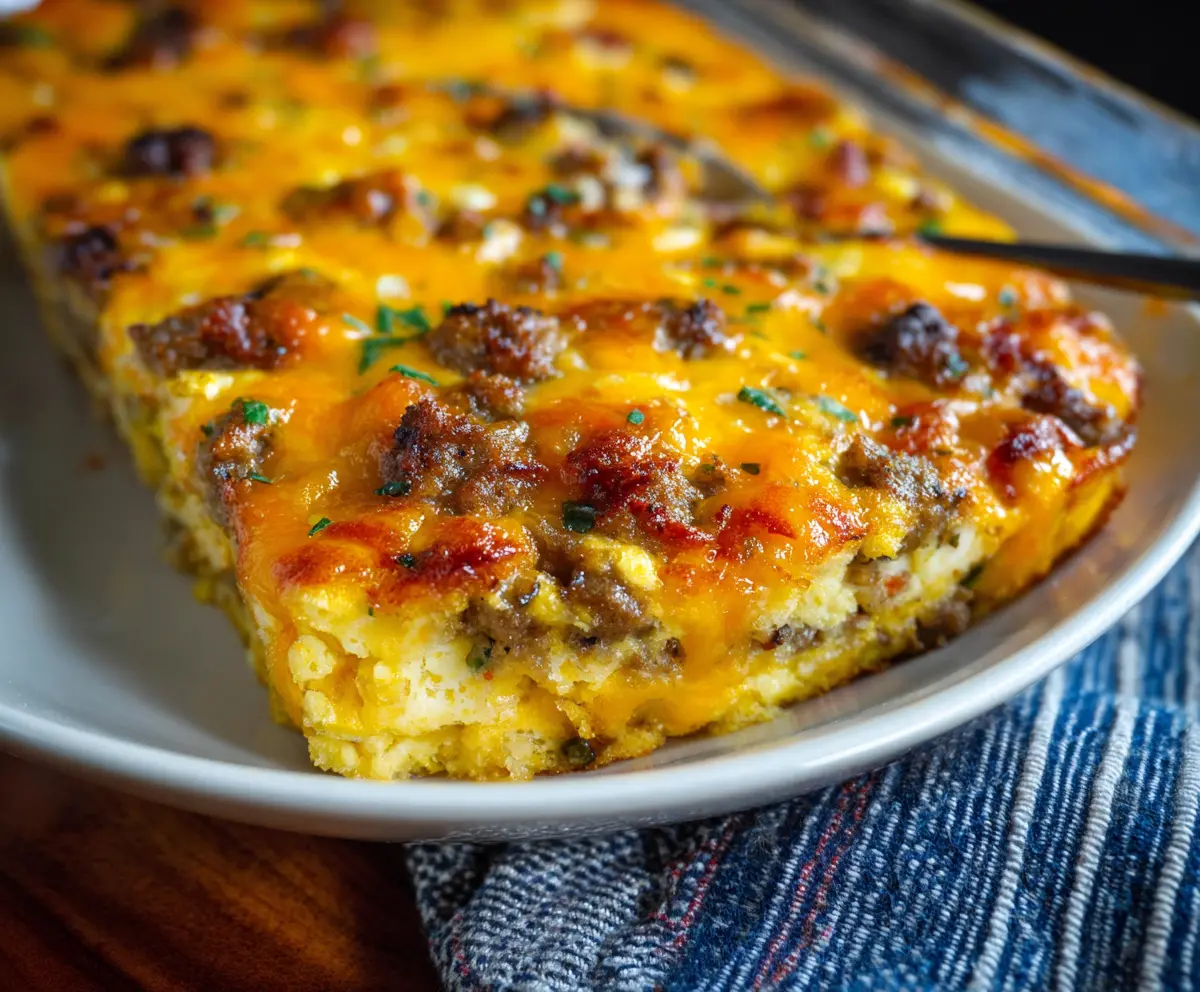 Delicious Firemans Breakfast Casserole with eggs, cheese, sausage, and vegetables in a serving dish.