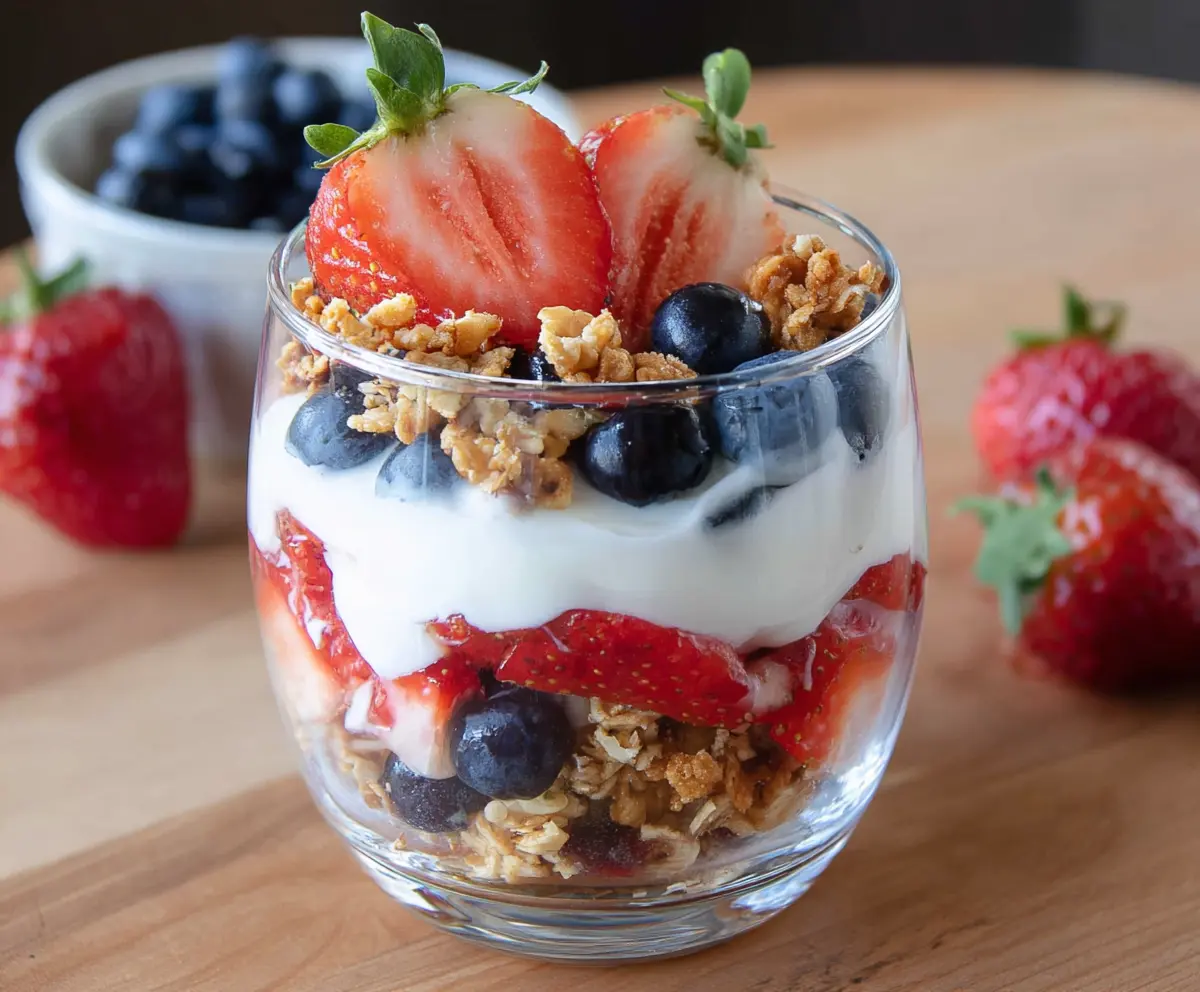 Delicious fruit and yogurt parfait layered with fresh berries and granola, perfect for breakfast or a healthy snack