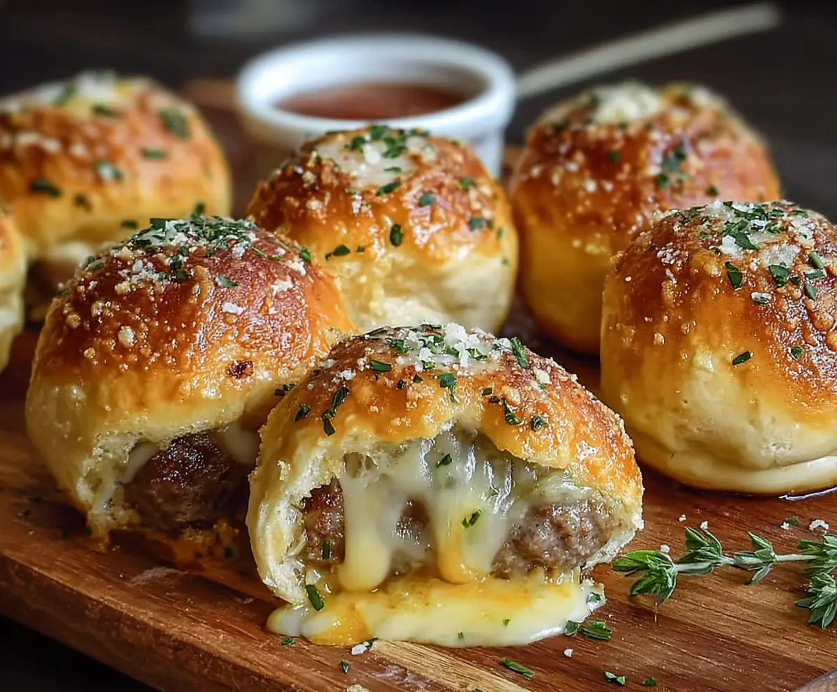 Delicious Garlic Parmesan Cheeseburger Bombs served hot with melted cheese and savory garlic flavor.