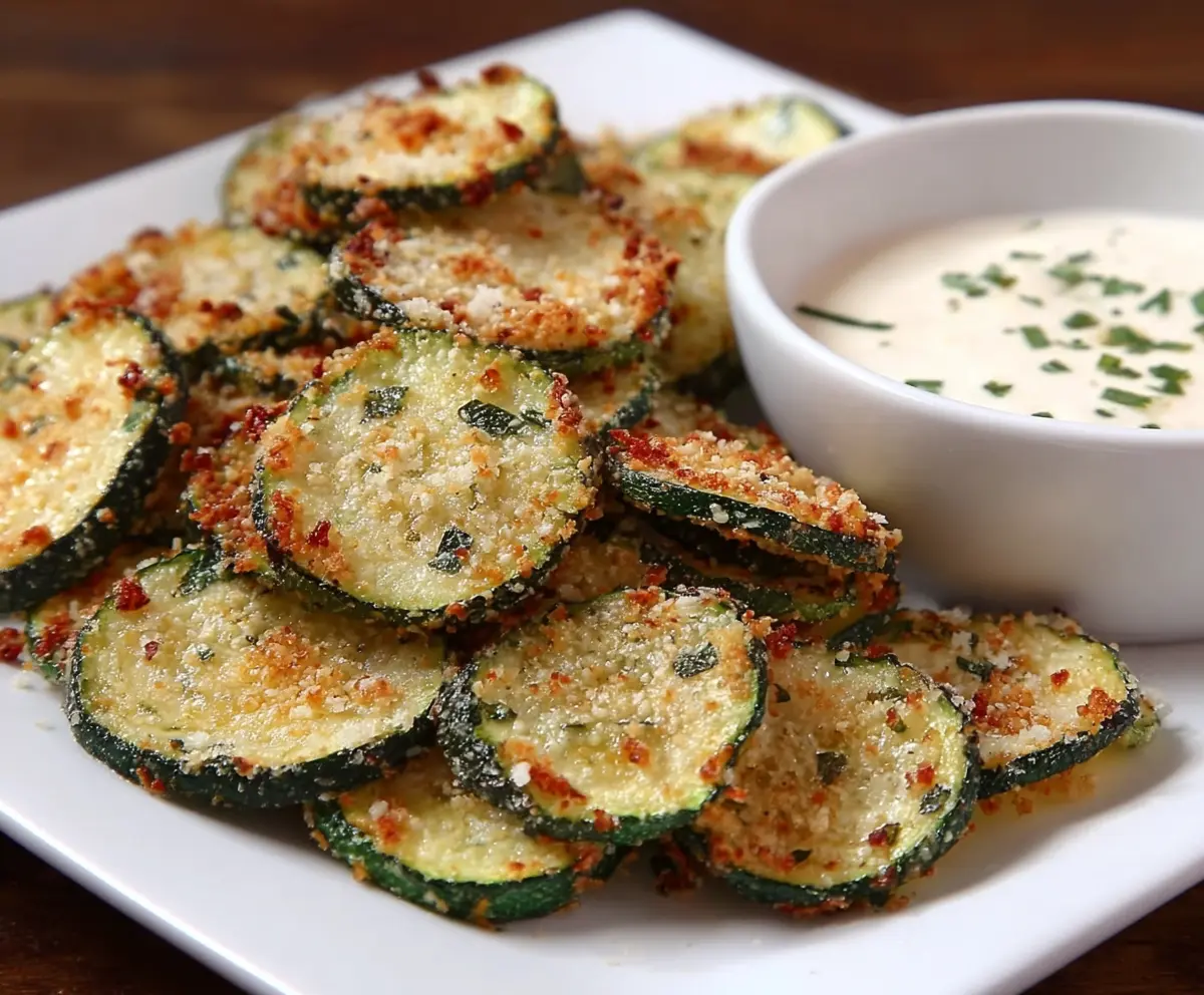 Crunchy garlic Parmesan zucchini chips on a white plate, perfect for healthy snacking.