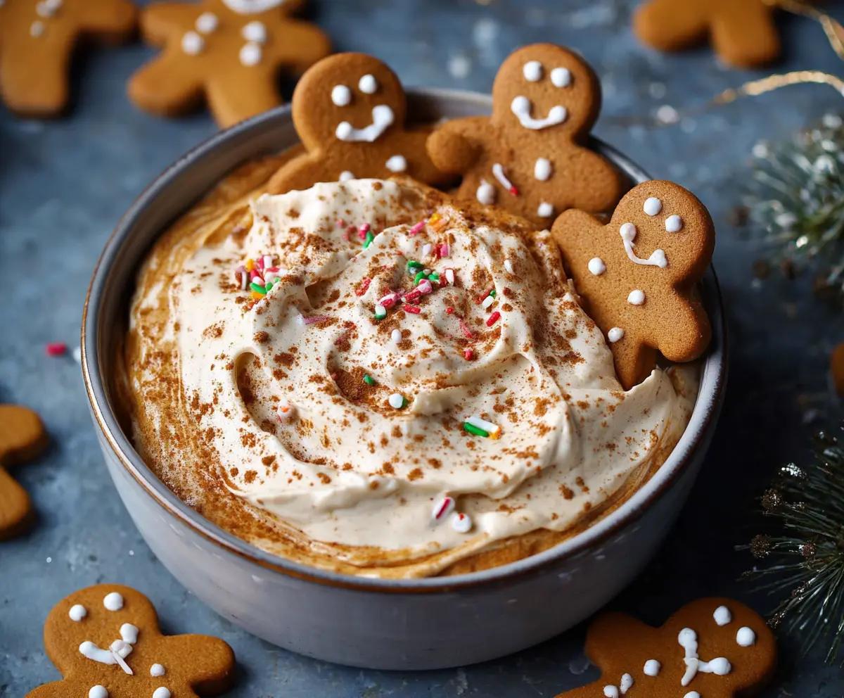 Creamy gingerbread cheesecake dip garnished with gingerbread cookies, perfect for holiday snacking.