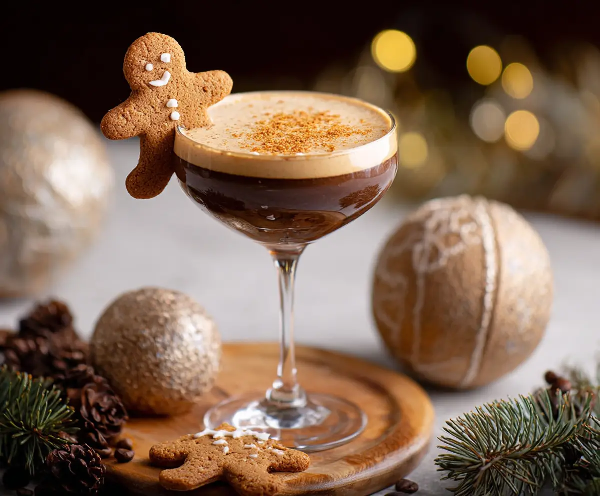 Delicious Gingerbread Espresso Martini topped with whipped cream and cinnamon.