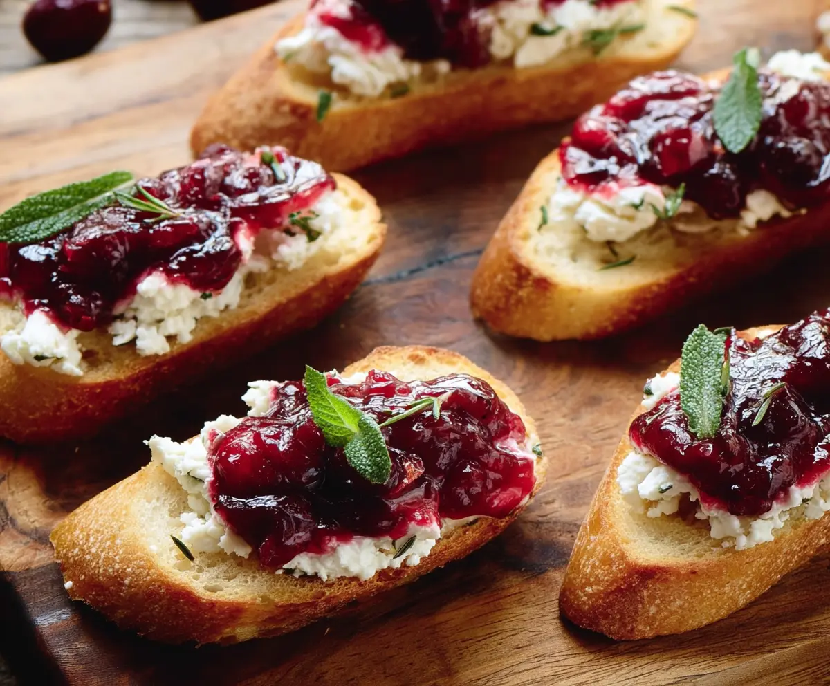 Delicious Goat Cheese Cranberry Crostini on a rustic wooden platter, perfect for appetizer gatherings.
