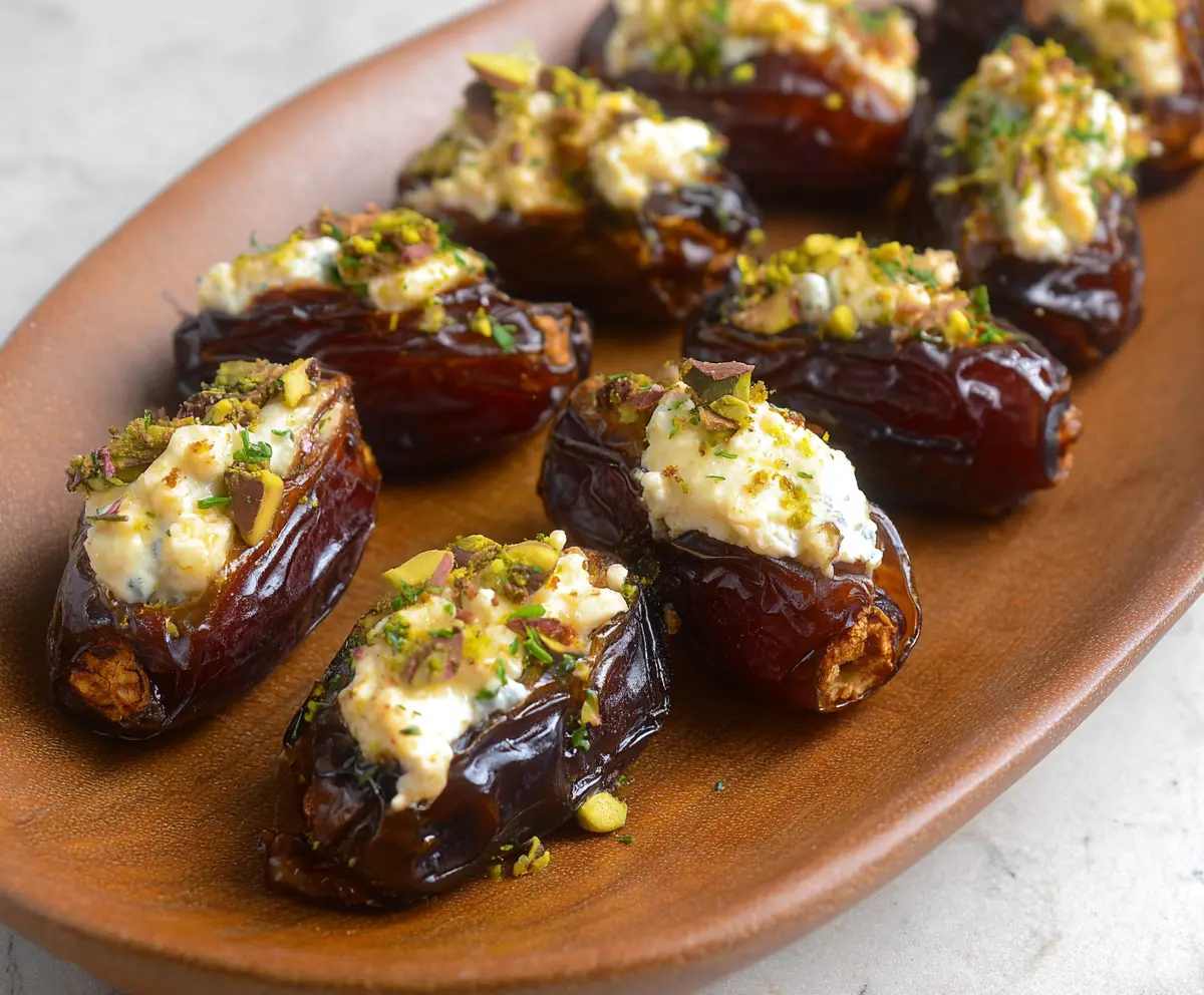 Delicious goat cheese stuffed dates garnished with herbs on a white plate.