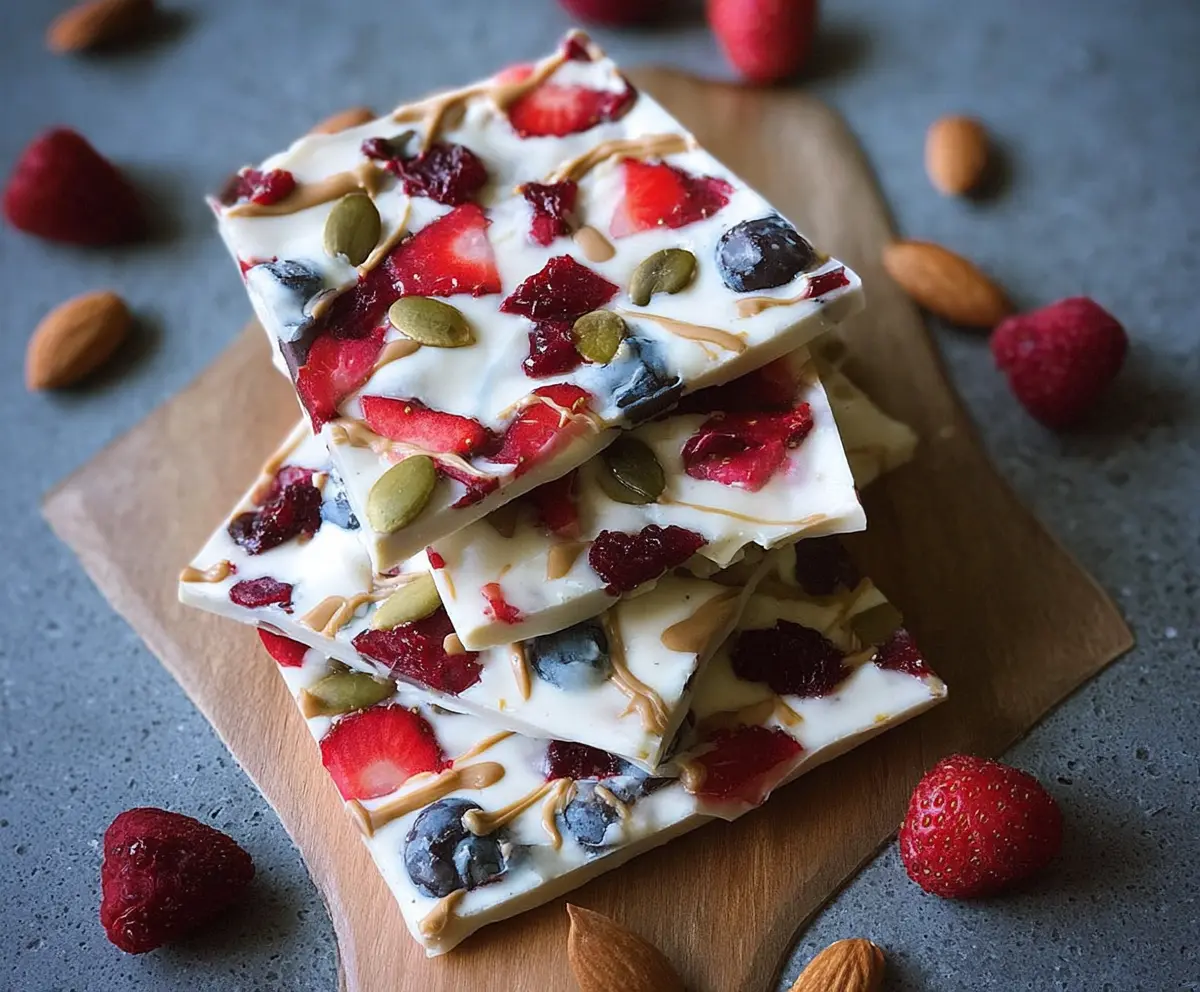 Delicious Greek Yogurt Protein Bark topped with fresh berries and nuts for a healthy snack.