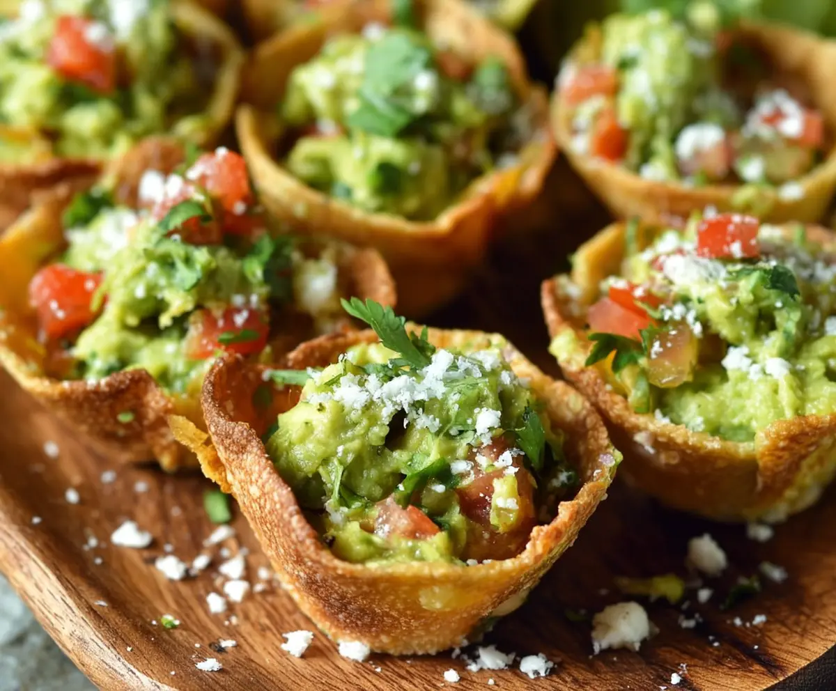 Creamy guacamole served in edible cup-shaped appetizers for a tasty snack.