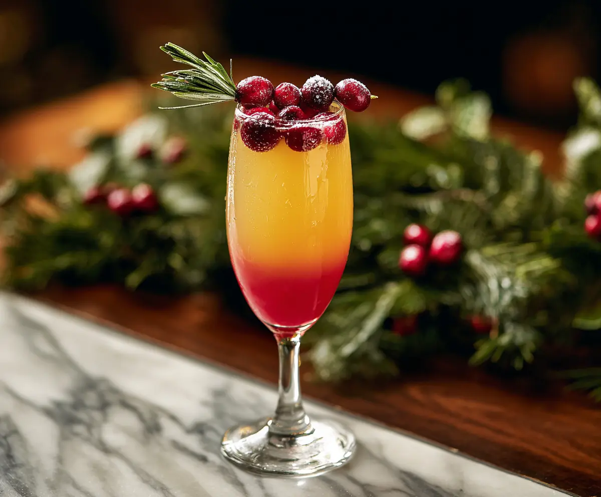 Festive Holly Jolly Mimosa in a champagne flute with fresh fruit garnishes