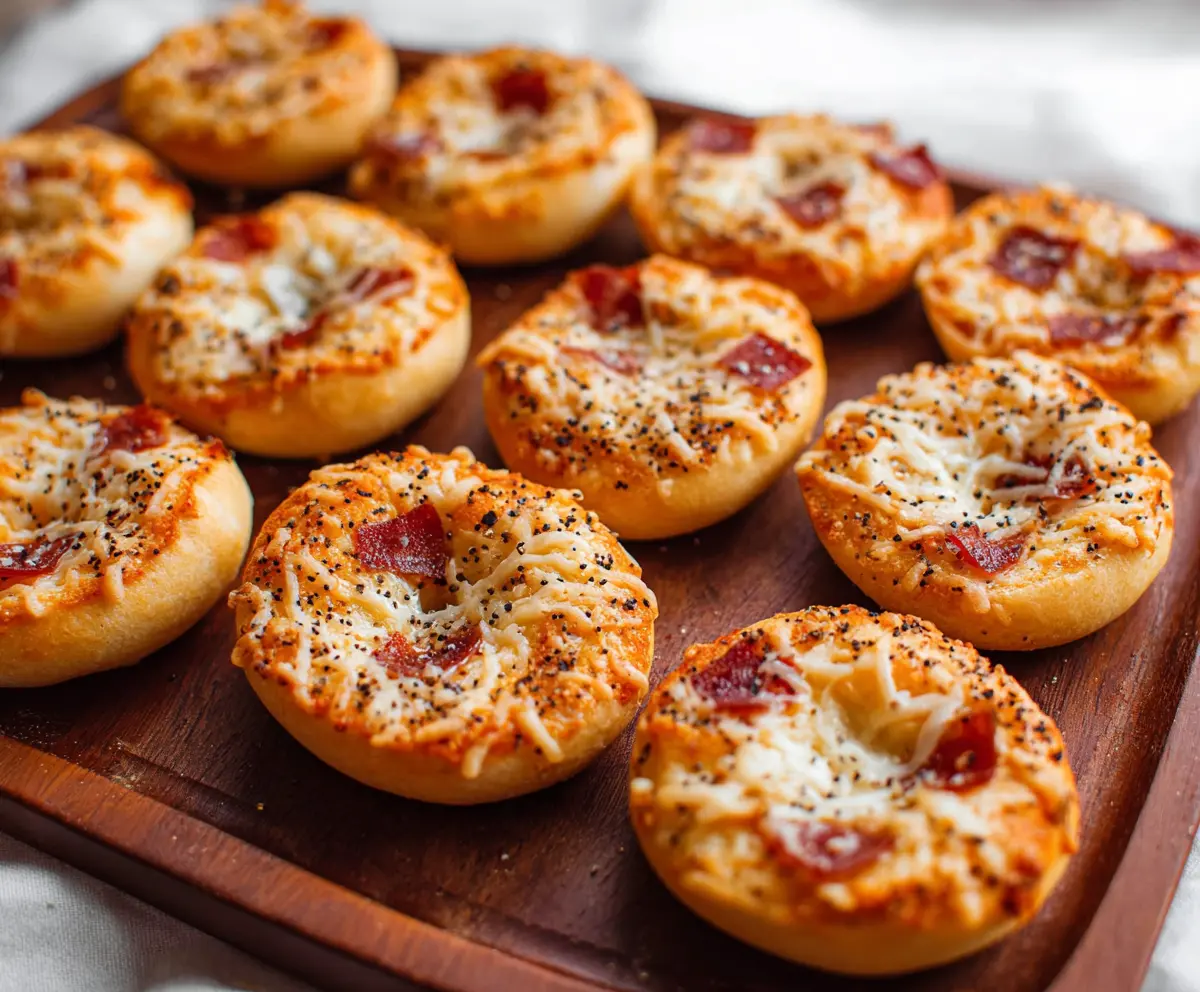 Delicious homemade Bagel Bites topped with cheese and toppings, ready to eat.