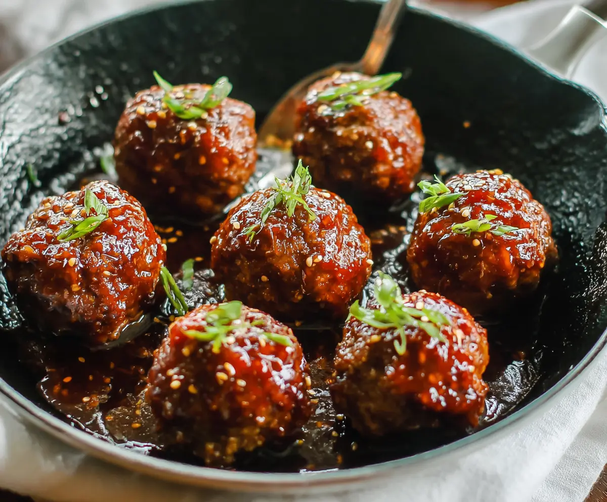 Delicious honey sriracha glazed meatballs served on a platter, perfect for appetizers and parties.