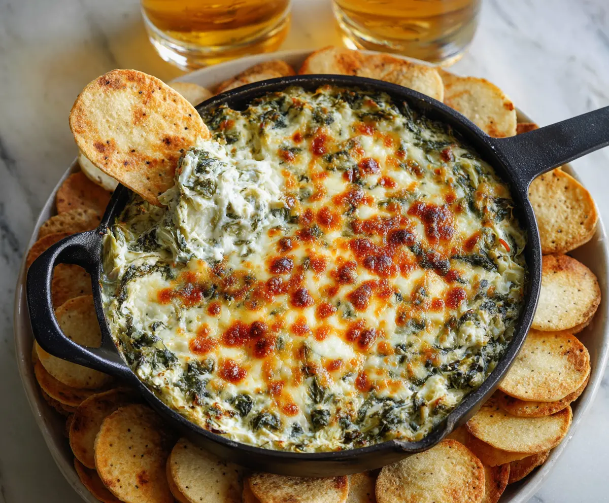 Creamy hot spinach artichoke dip served in a bowl, perfect for appetizers or parties.