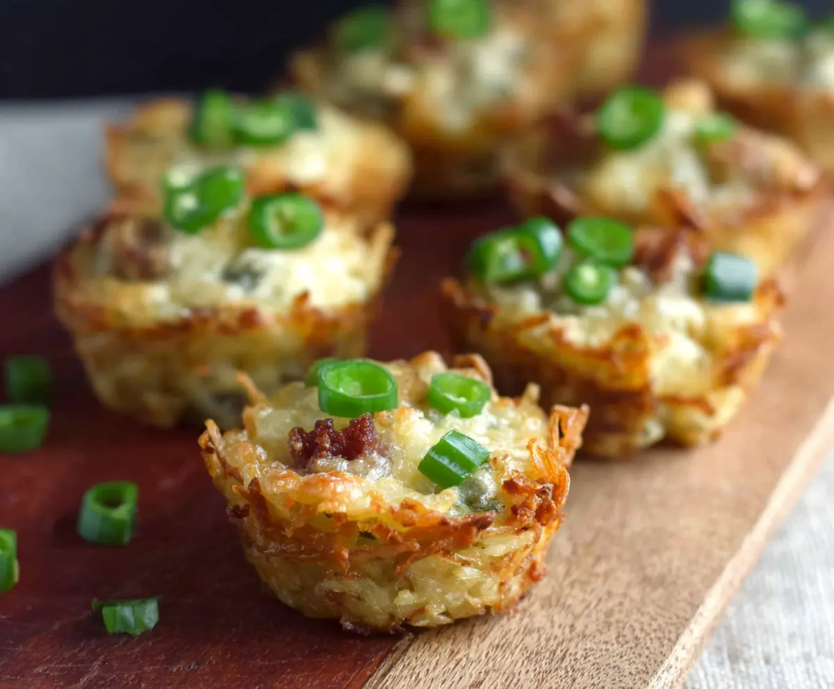 Delicious jalapeno popper hash brown cups topped with melted cheese and fresh jalapenos.