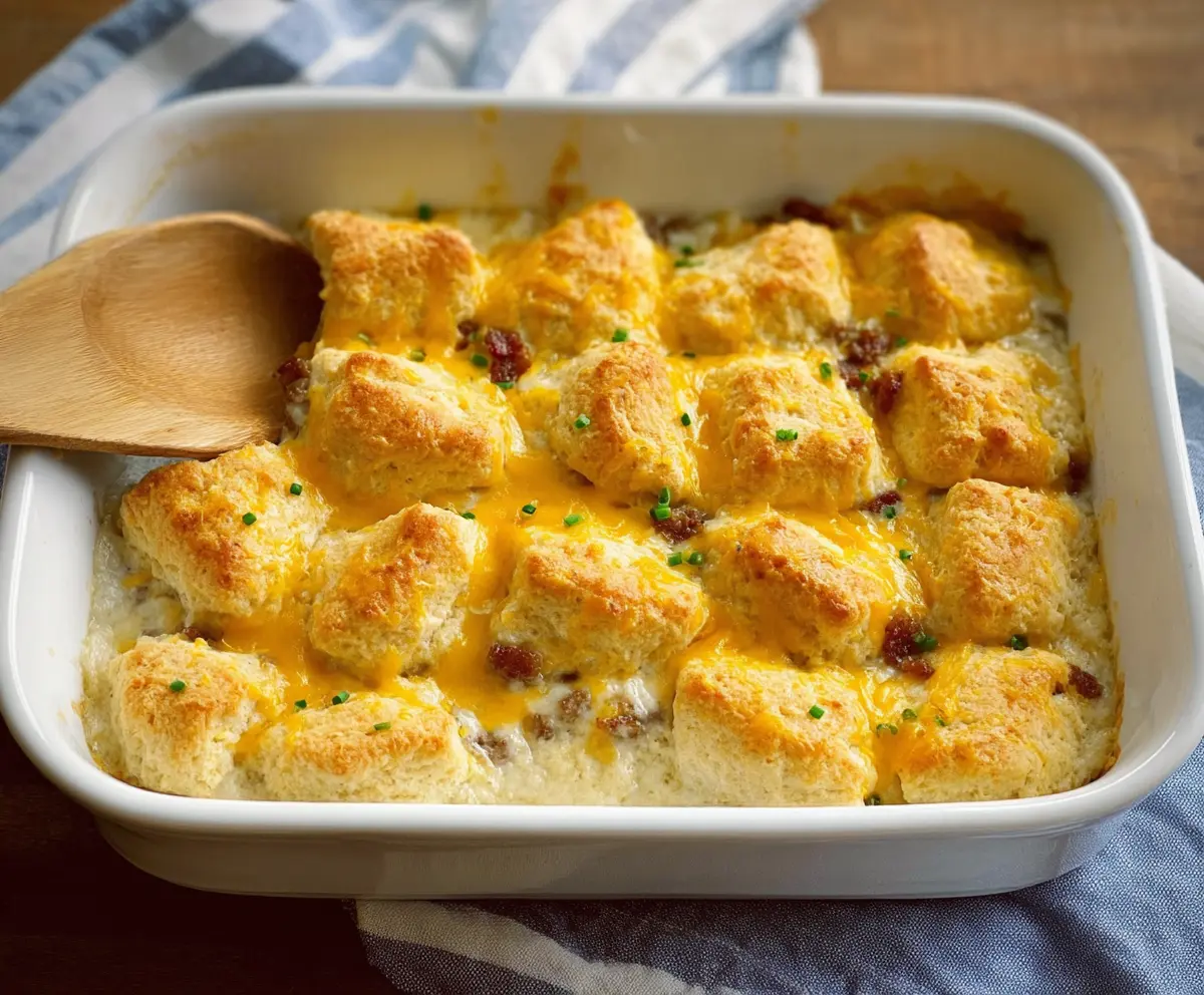 Delicious Lazy Biscuits Breakfast Casserole with eggs, cheese, and biscuits in a baking dish.