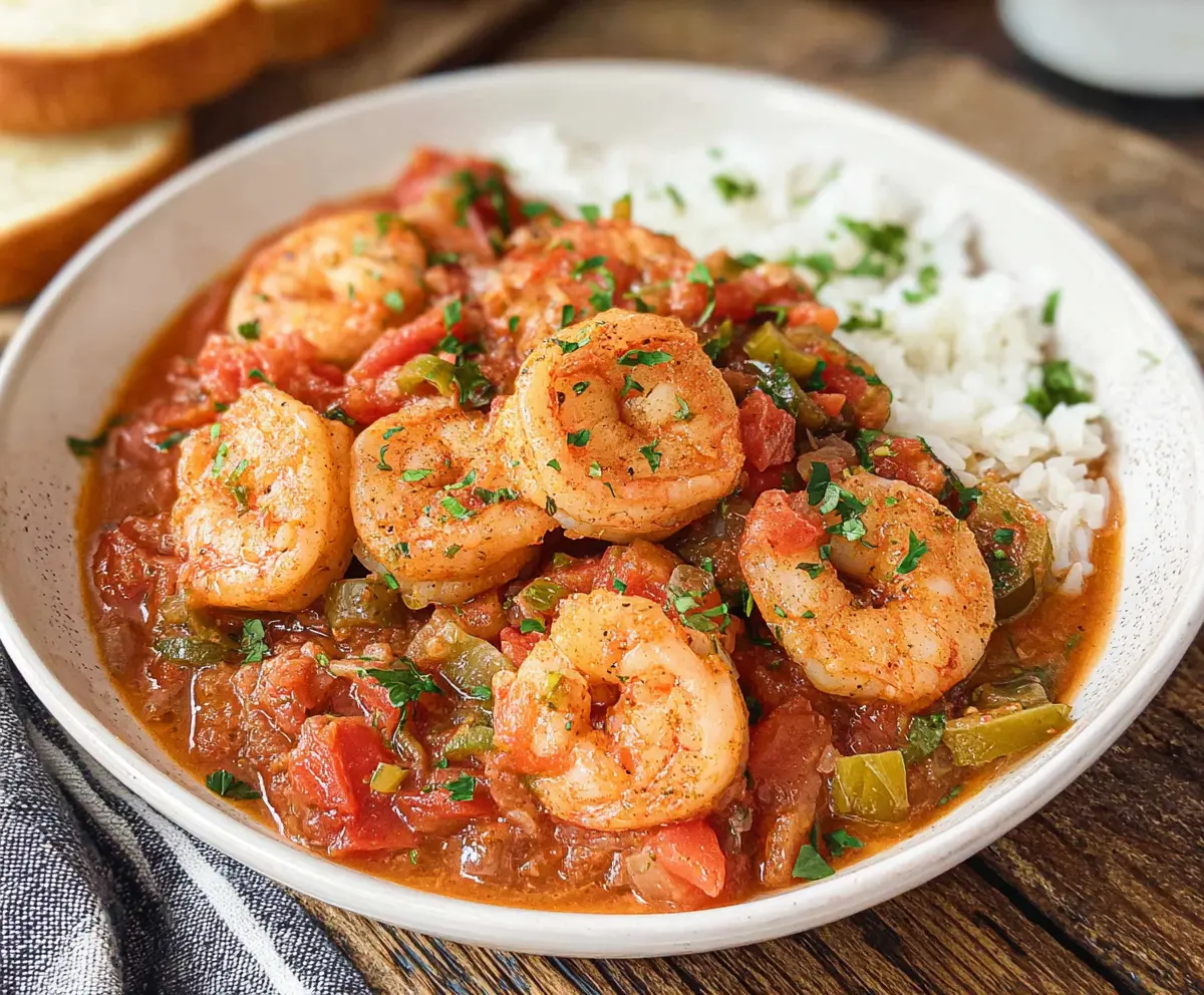 Delicious Louisiana Shrimp Creole served in a bowl with vibrant vegetables and tender shrimp.