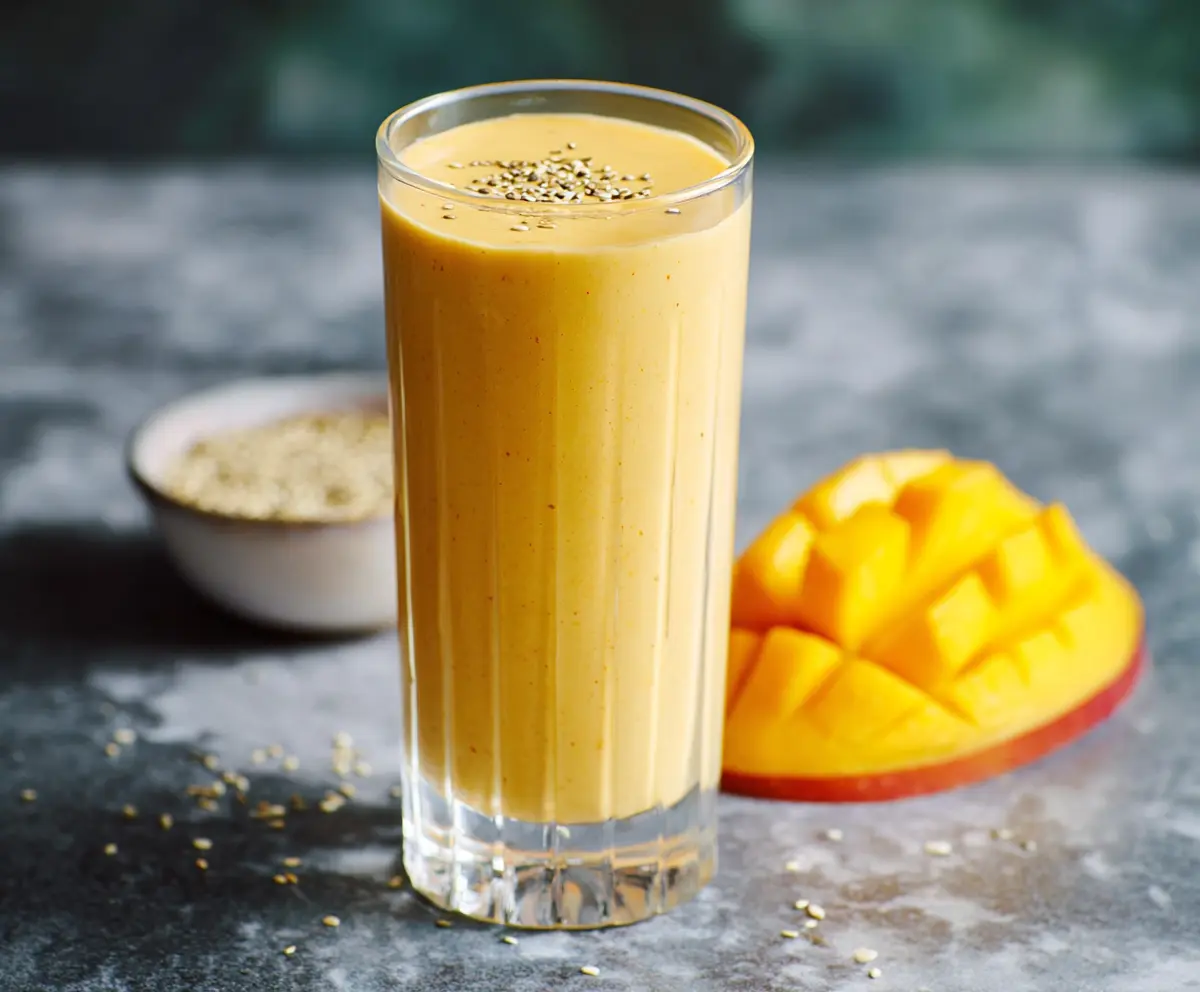 Creamy Mango Protein Smoothie in a glass with fresh mango slices on a white background.