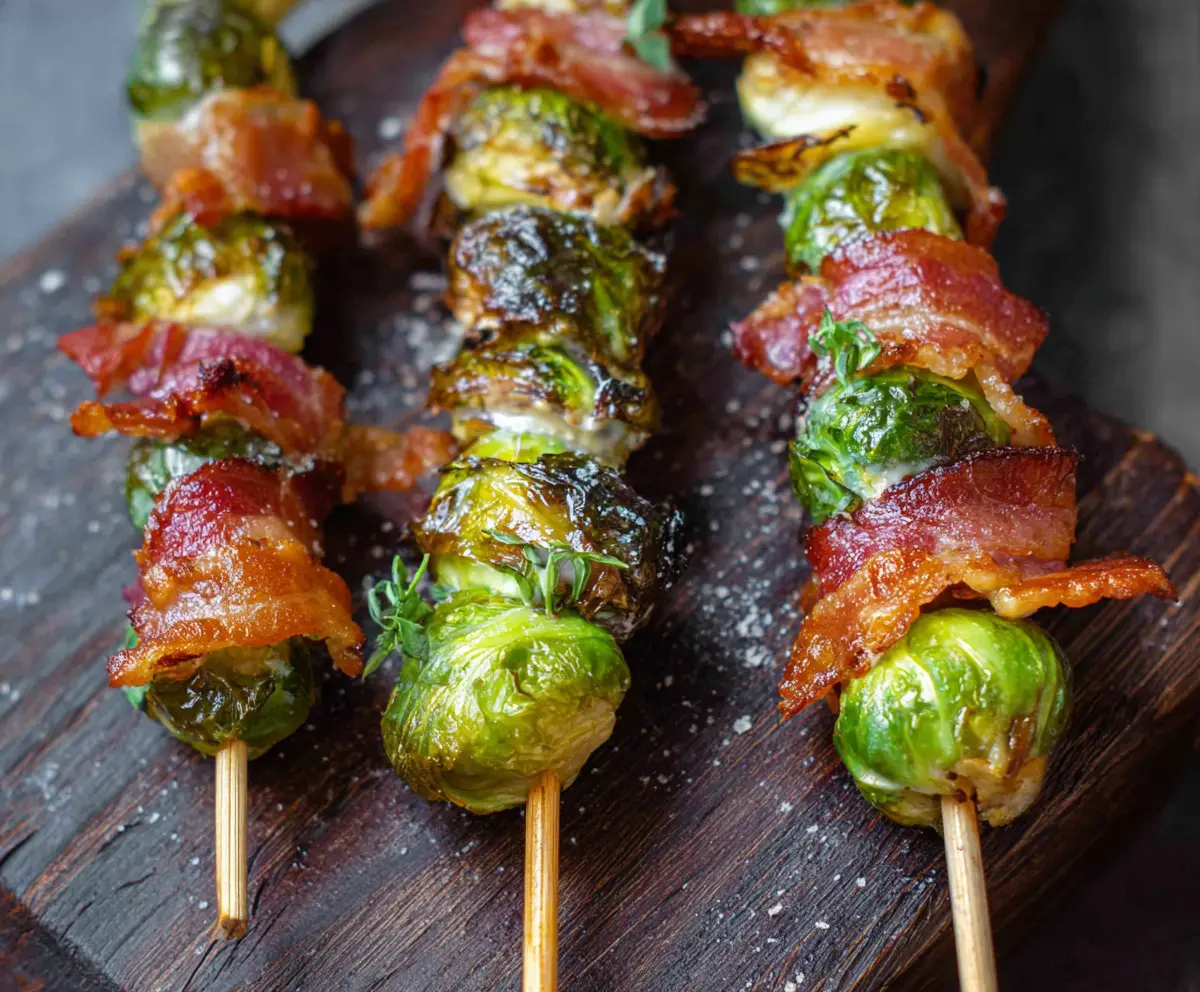 Delicious maple bacon Brussels sprout skewers garnished with fresh herbs for a savory appetizer.