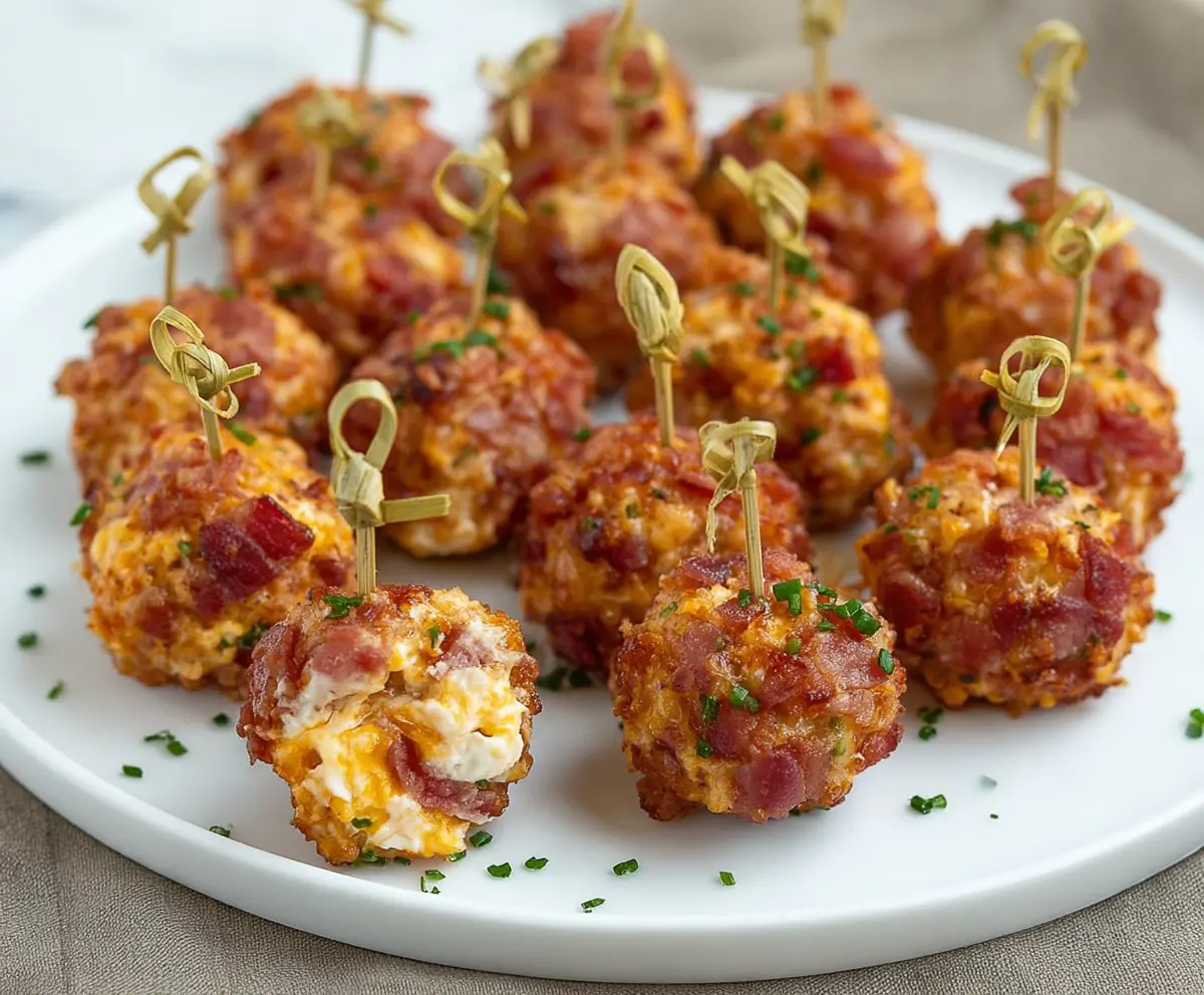 Delicious Mini Bacon Ranch Cheeseballs on a plate, perfect appetizer for parties