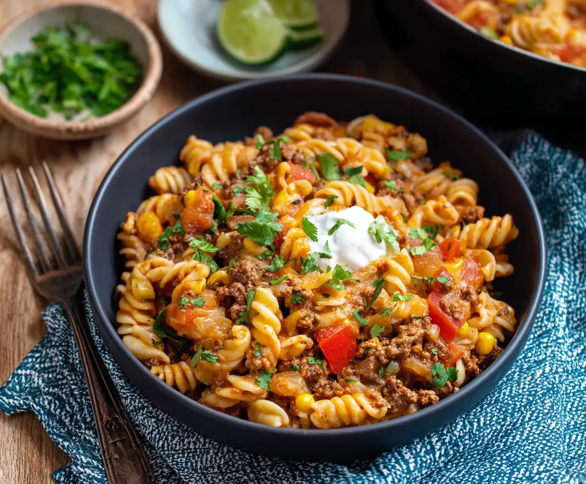 Delicious one pot taco pasta with seasoned beef, melted cheese, and fresh toppings in a rustic serving bowl.