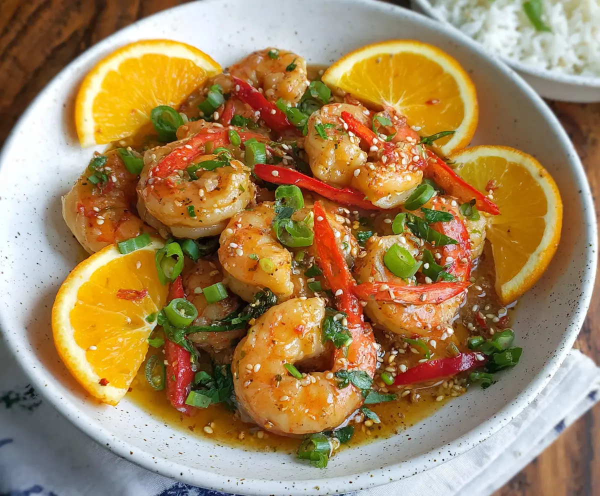 Delicious orange chili garlic shrimp served on a plate with fresh herbs