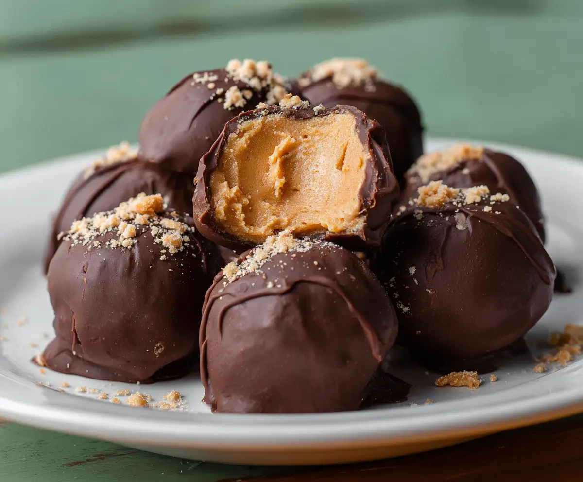Delicious homemade peanut butter balls coated with chocolate on a plate perfect for snacking or gifts.
