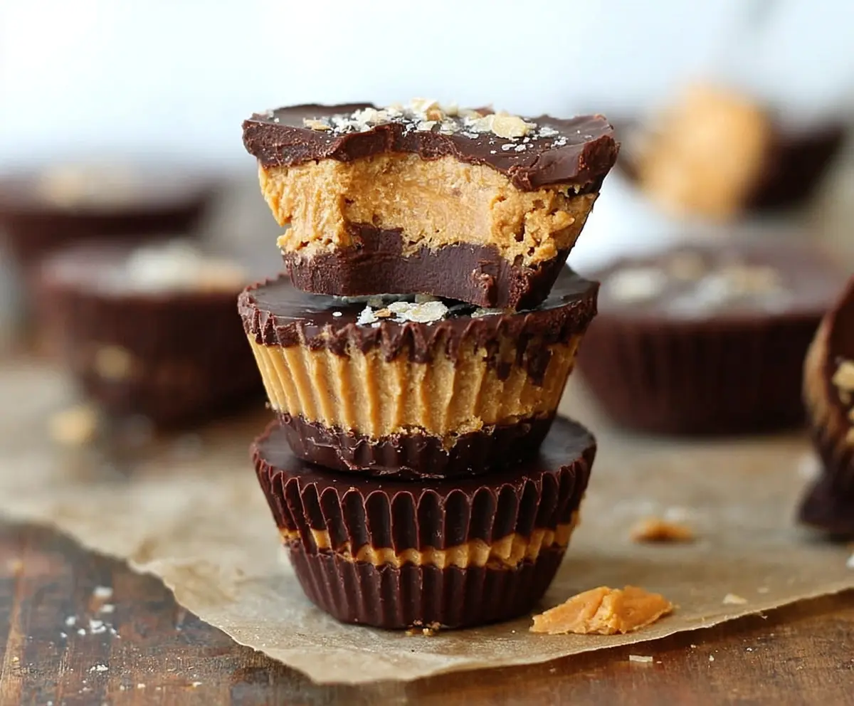 Healthy homemade peanut butter protein cups garnished with chocolate drizzle.
