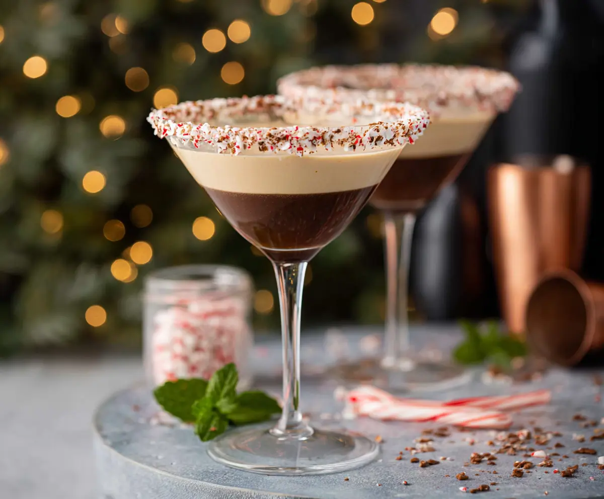 Refreshing Peppermint Espresso Martini cocktail served in a elegant glass garnished with peppermint sticks