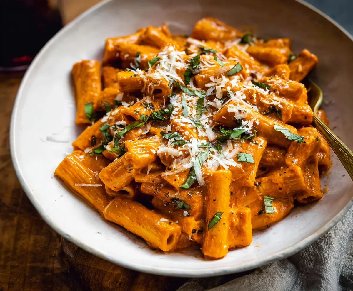 Delicious plate of pasta with creamy pesto vodka sauce garnish