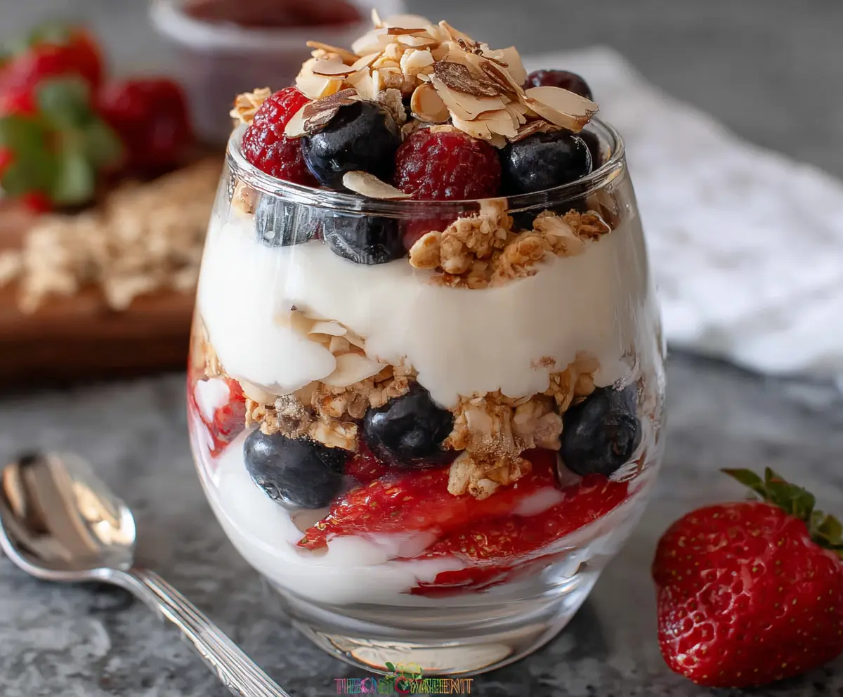 Delicious Protein Yogurt Parfait with fresh berries and granola in a glass bowl.
