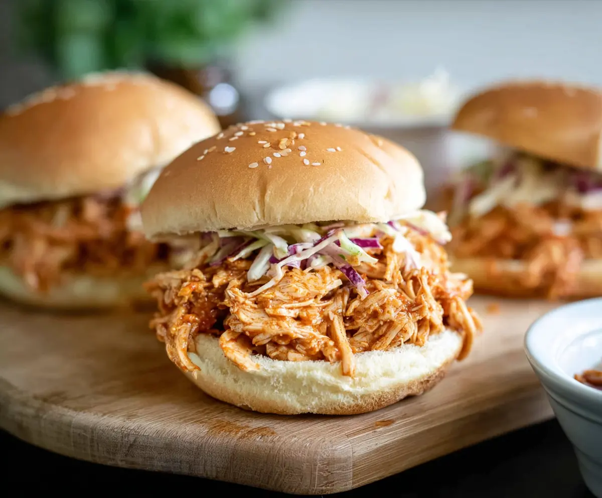 Delicious pulled chicken sandwiches with fresh toppings served on fluffy buns