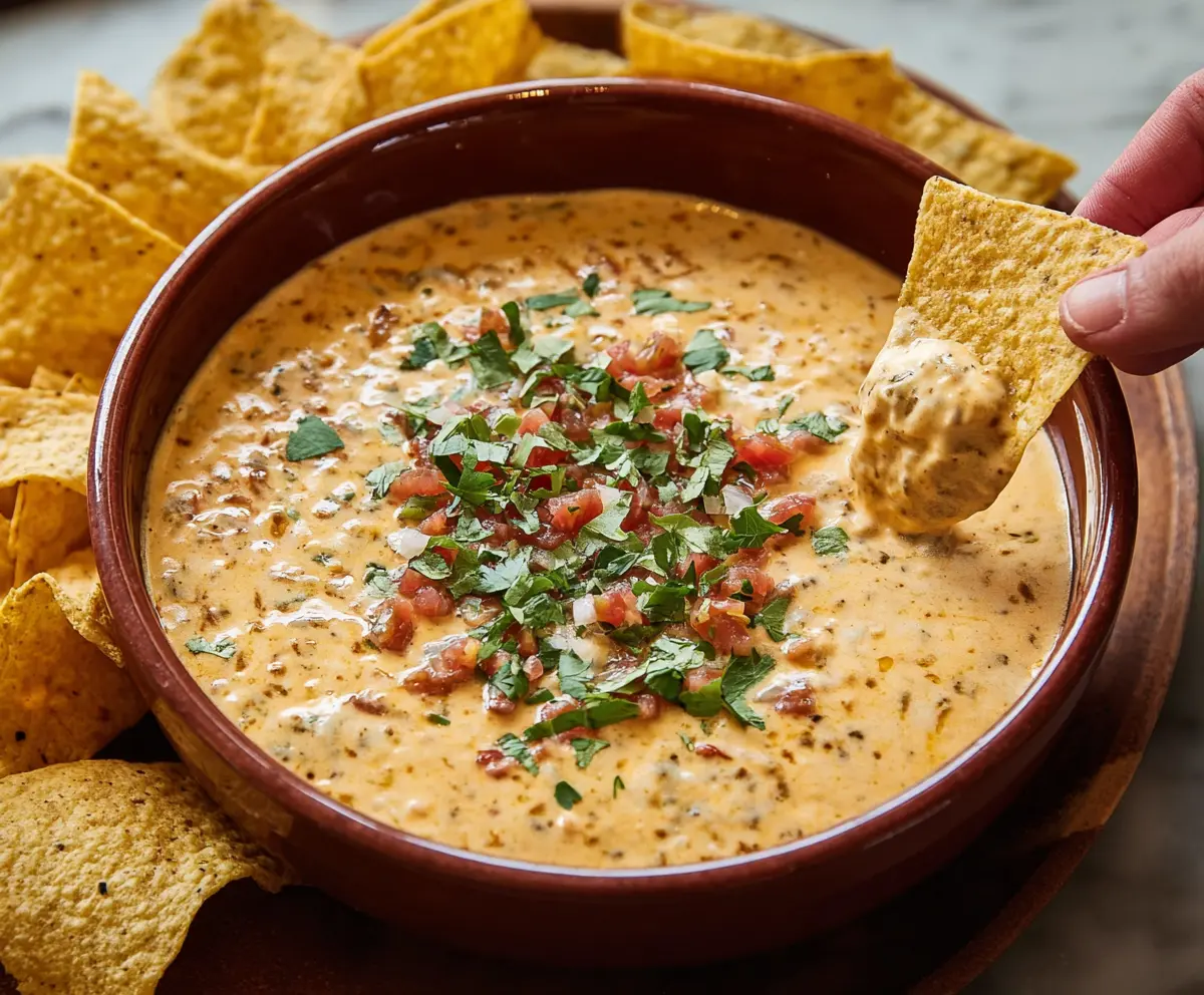 Creamy cheesy queso dip served with crispy tortilla chips, perfect for parties and snacking.