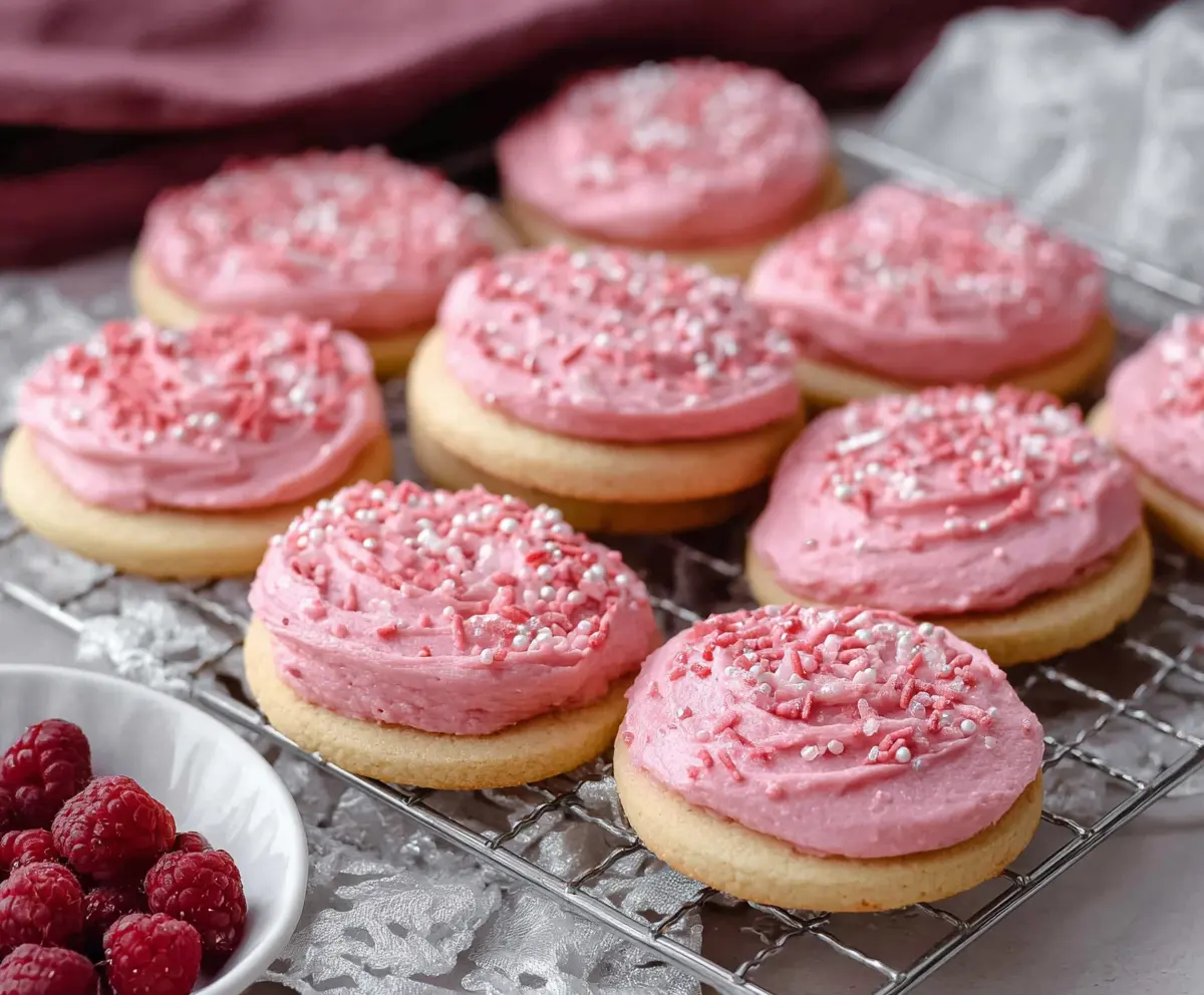 Delicious raspberry frosted sugar cookies on a white plate with colorful sprinkles