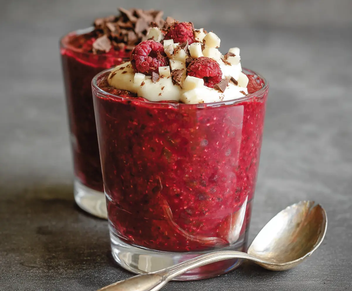 Creamy red velvet overnight oats topped with fresh berries and sprinkled with cocoa powder.
