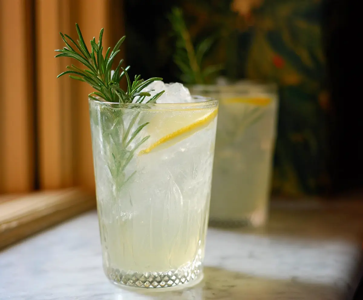 Delicious Rosemary Gin Fizz cocktail garnished with fresh rosemary sprig and lemon slice.
