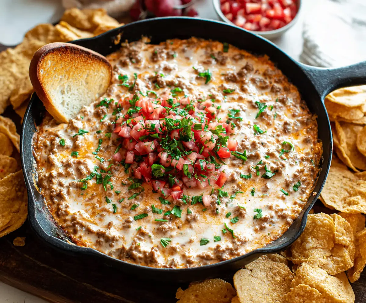 Creamy sausage and cream cheese dip served with chips, perfect for parties and gatherings.