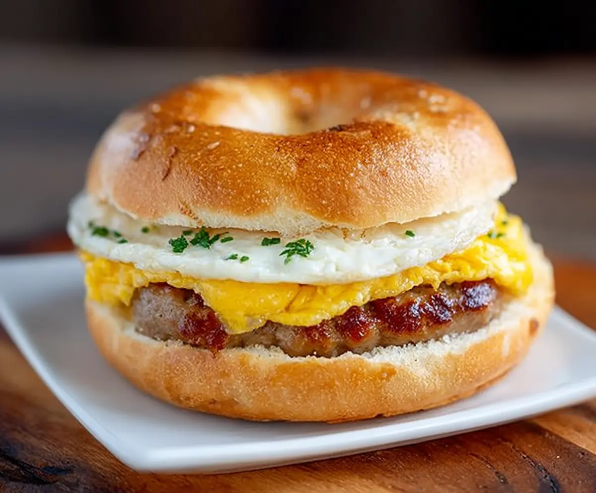 Delicious sausage and egg breakfast bagel on a plate, perfect for a morning meal.