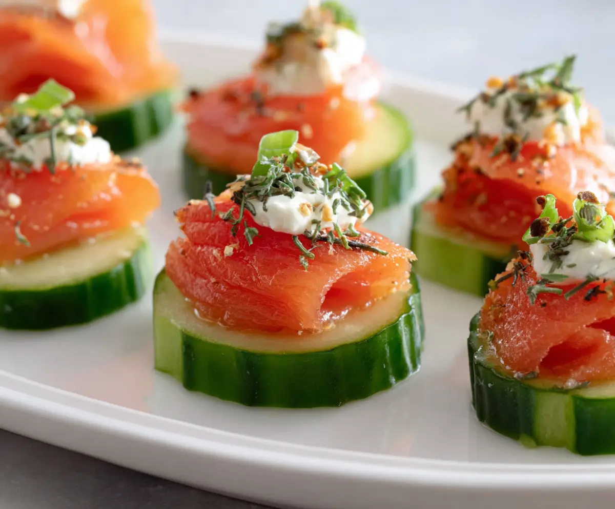 Delicious smoked salmon cucumber bites served as a healthy appetizer.