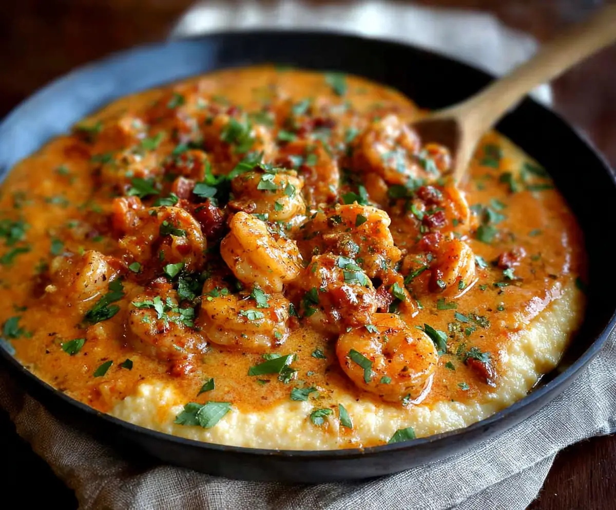 Delicious smothered shrimp served over creamy southern grits, perfect for a comforting meal.