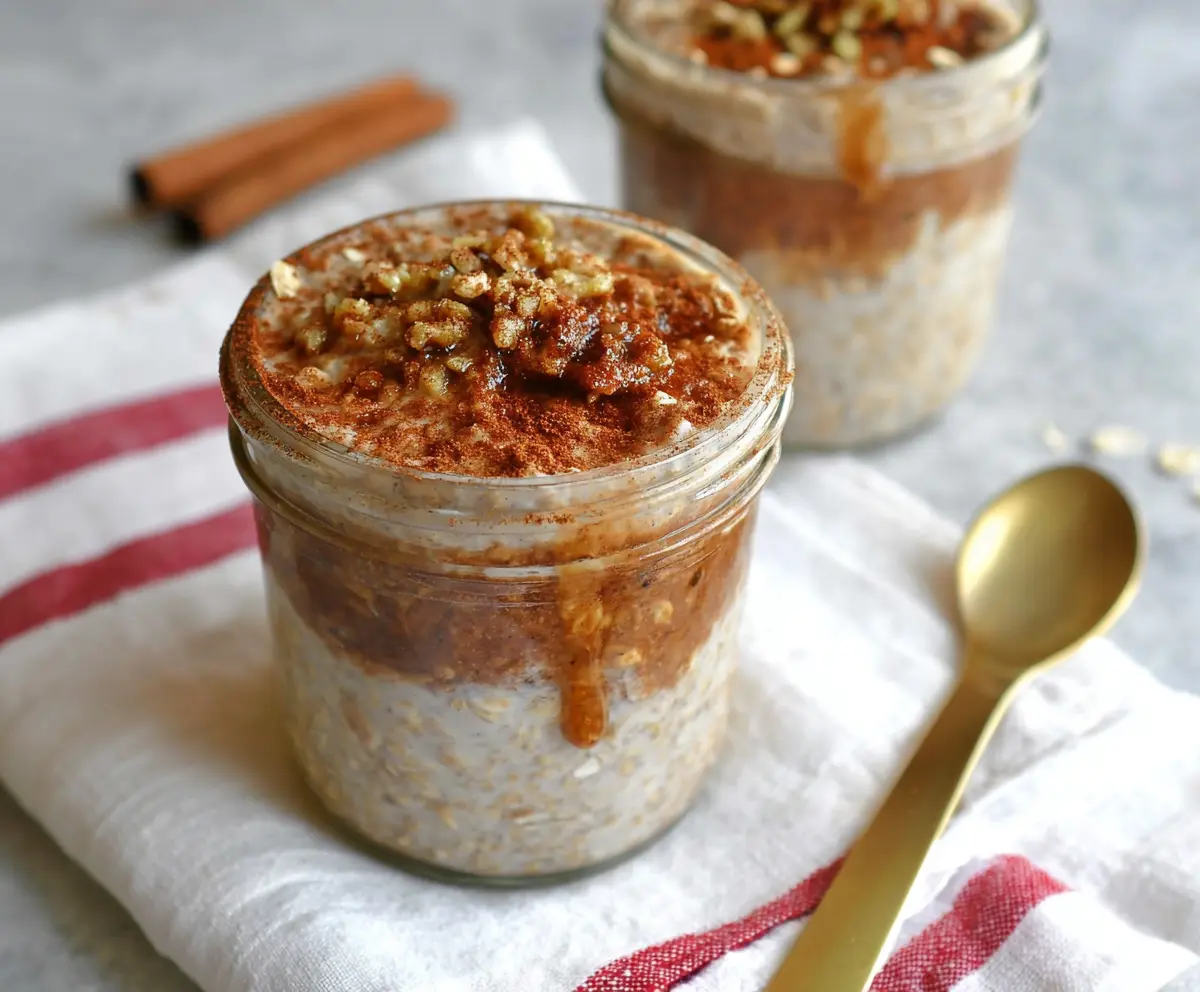 Creamy Snickerdoodle Overnight Oats topped with cinnamon sugar in a glass jar