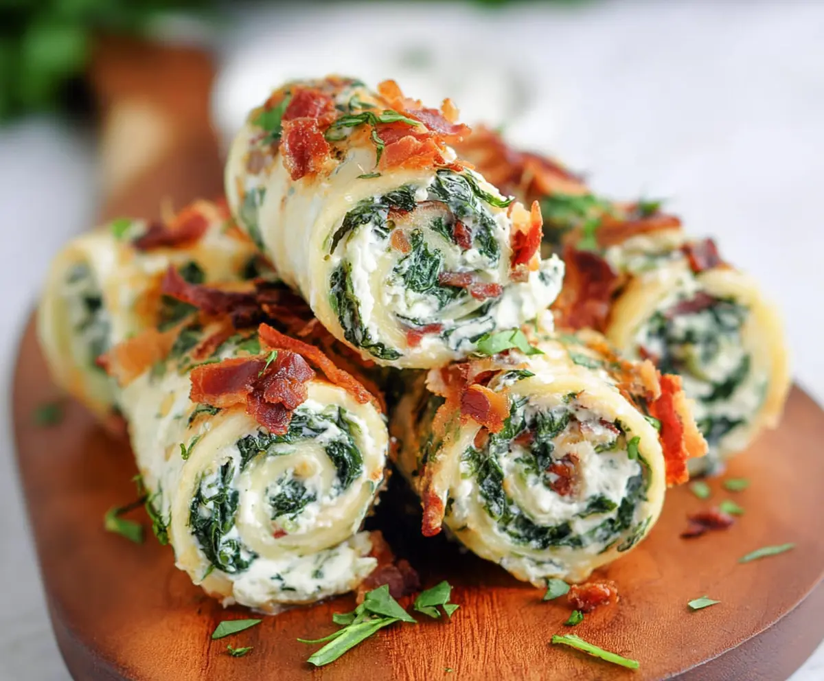 Delicious spinach and bacon cream cheese roll ups on a plate, perfect for appetizers and snacks