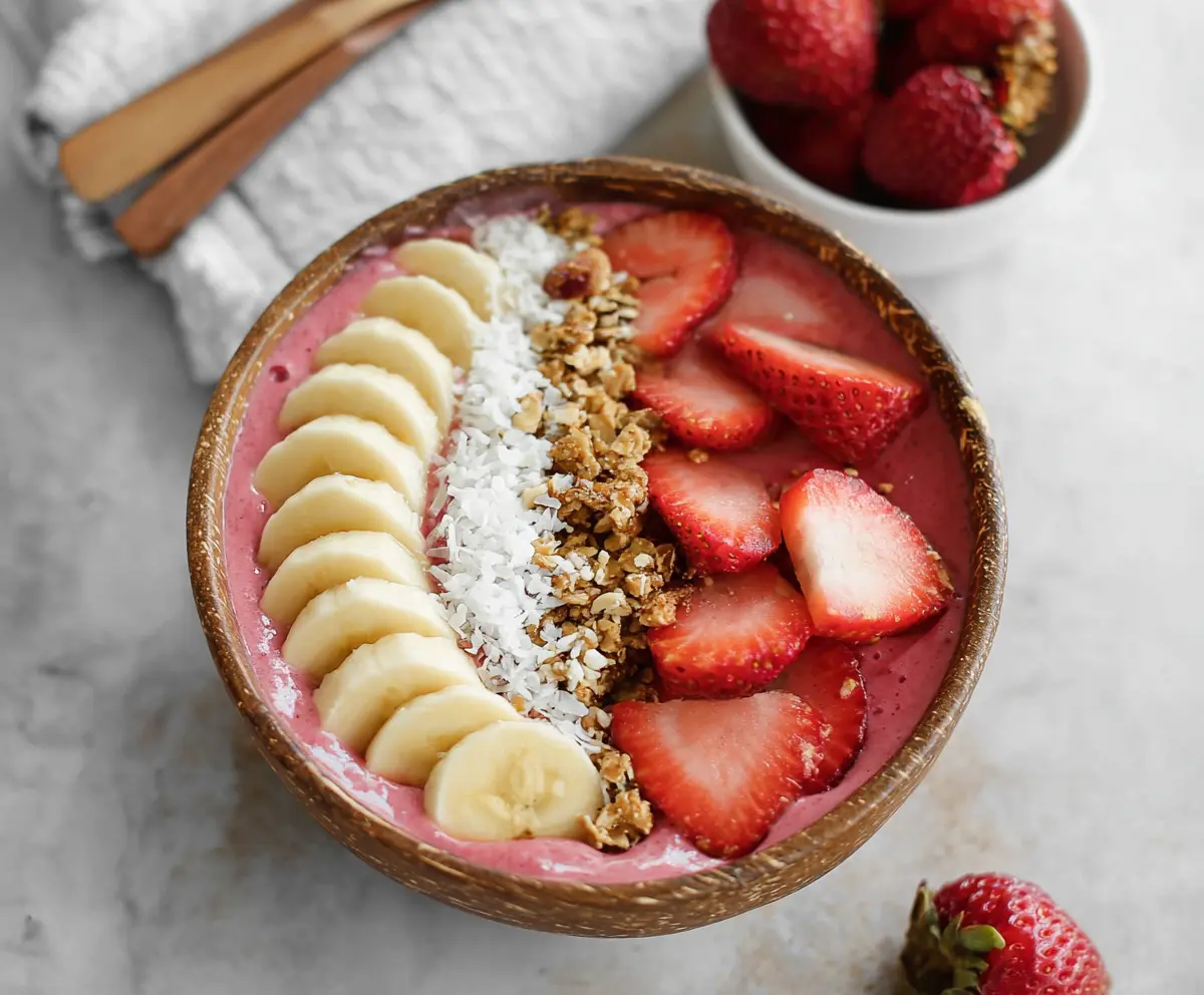 Fresh strawberry banana smoothie bowl with sliced bananas and berries on top, served in a white bowl.