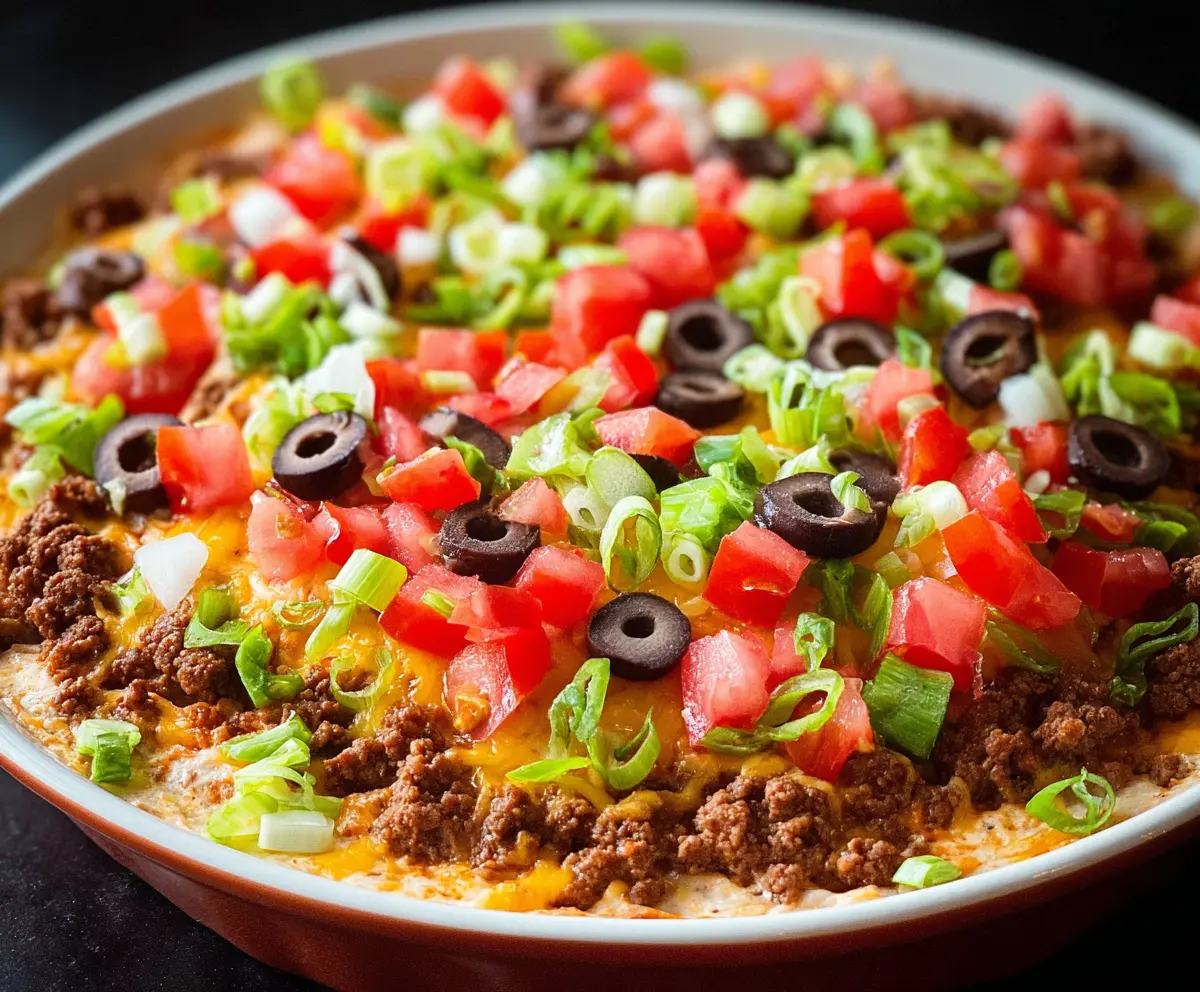 Delicious taco dip with ground beef, melted cheese, and fresh toppings for a savory appetizer.