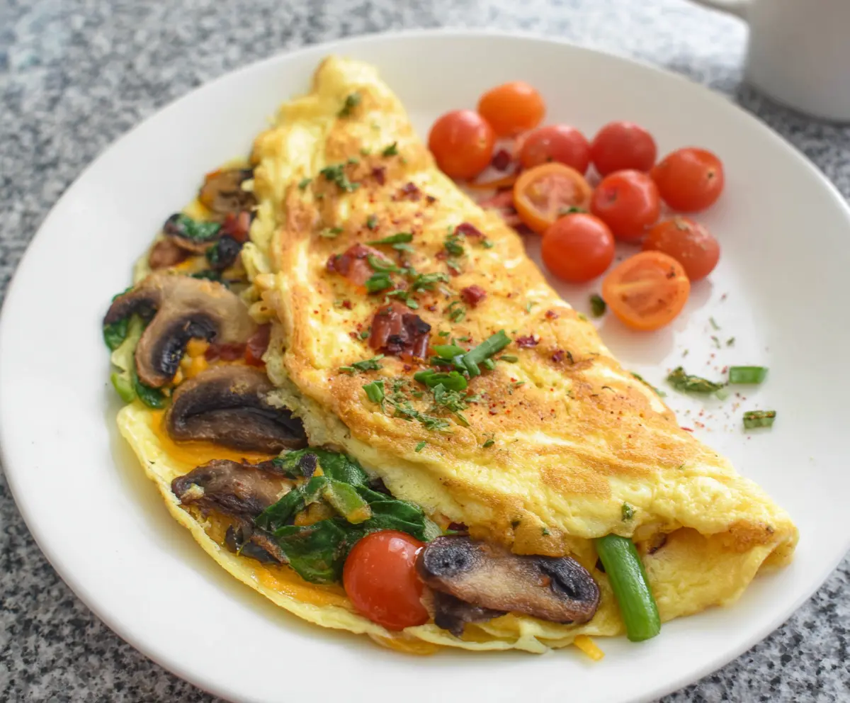 Colorful veggie omelet with bell peppers, spinach, and melted cheese on a white plate.