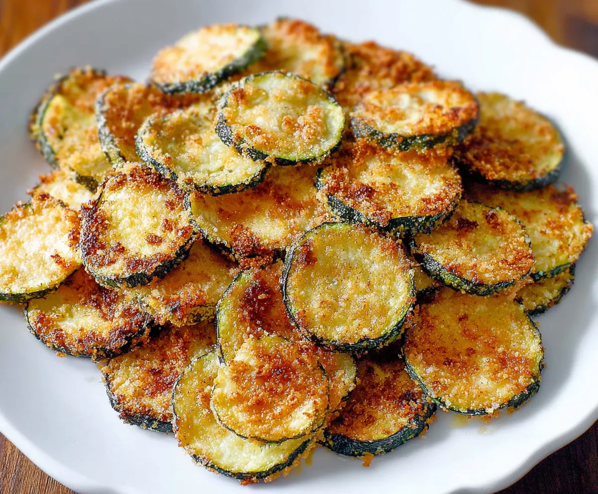 Crispy baked zucchini chips on a white plate, perfect for healthy snacking.