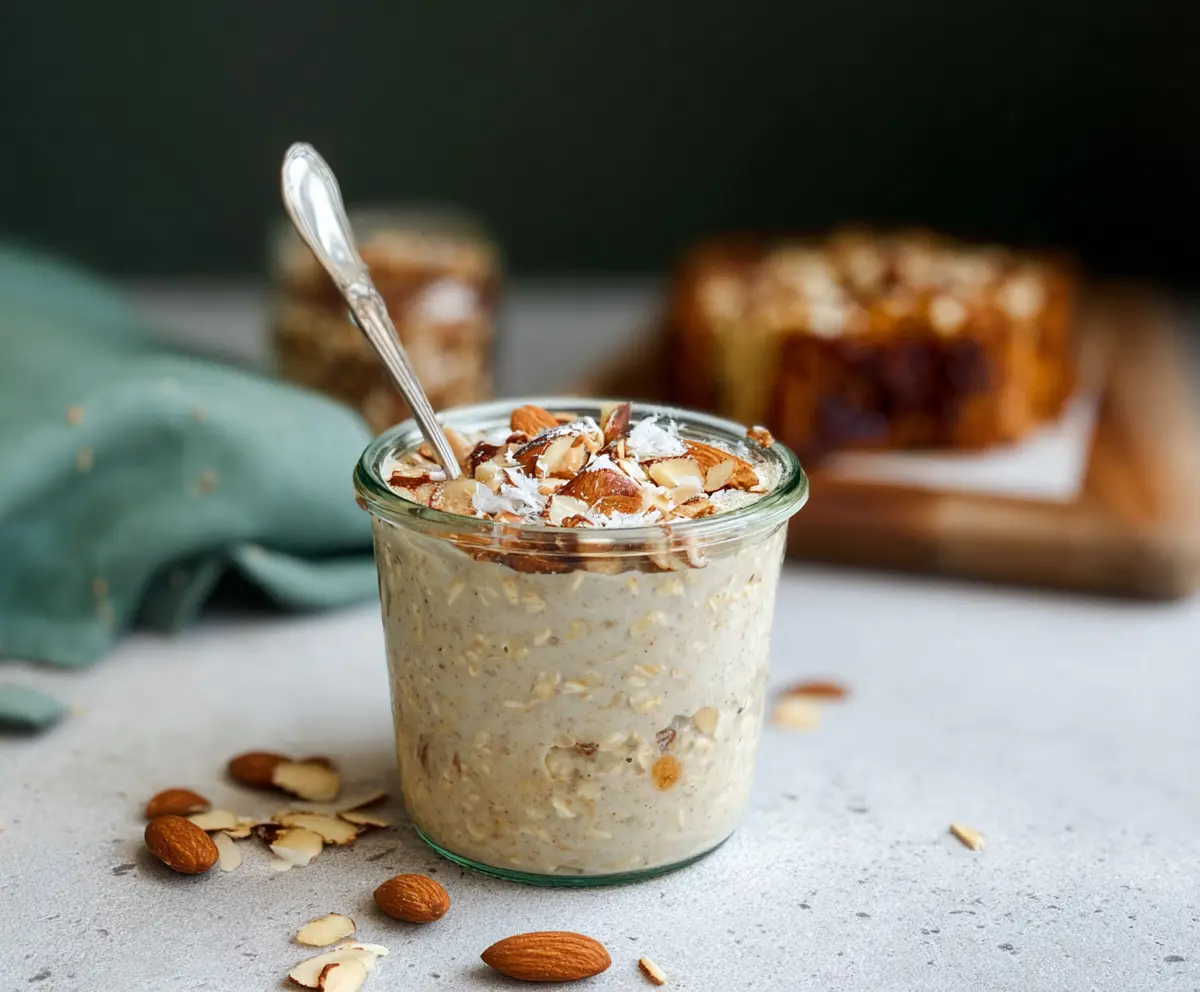 Creamy almond croissant overnight oats in a glass jar with sliced almonds and fresh berries.