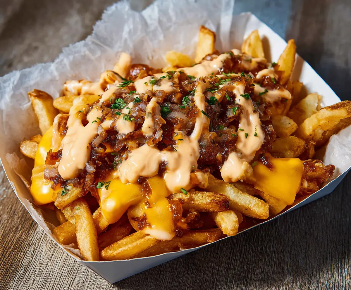 Crispy fries topped with melted cheese, special sauce, and grilled animal-style beef patty, served as Animal Style Fries