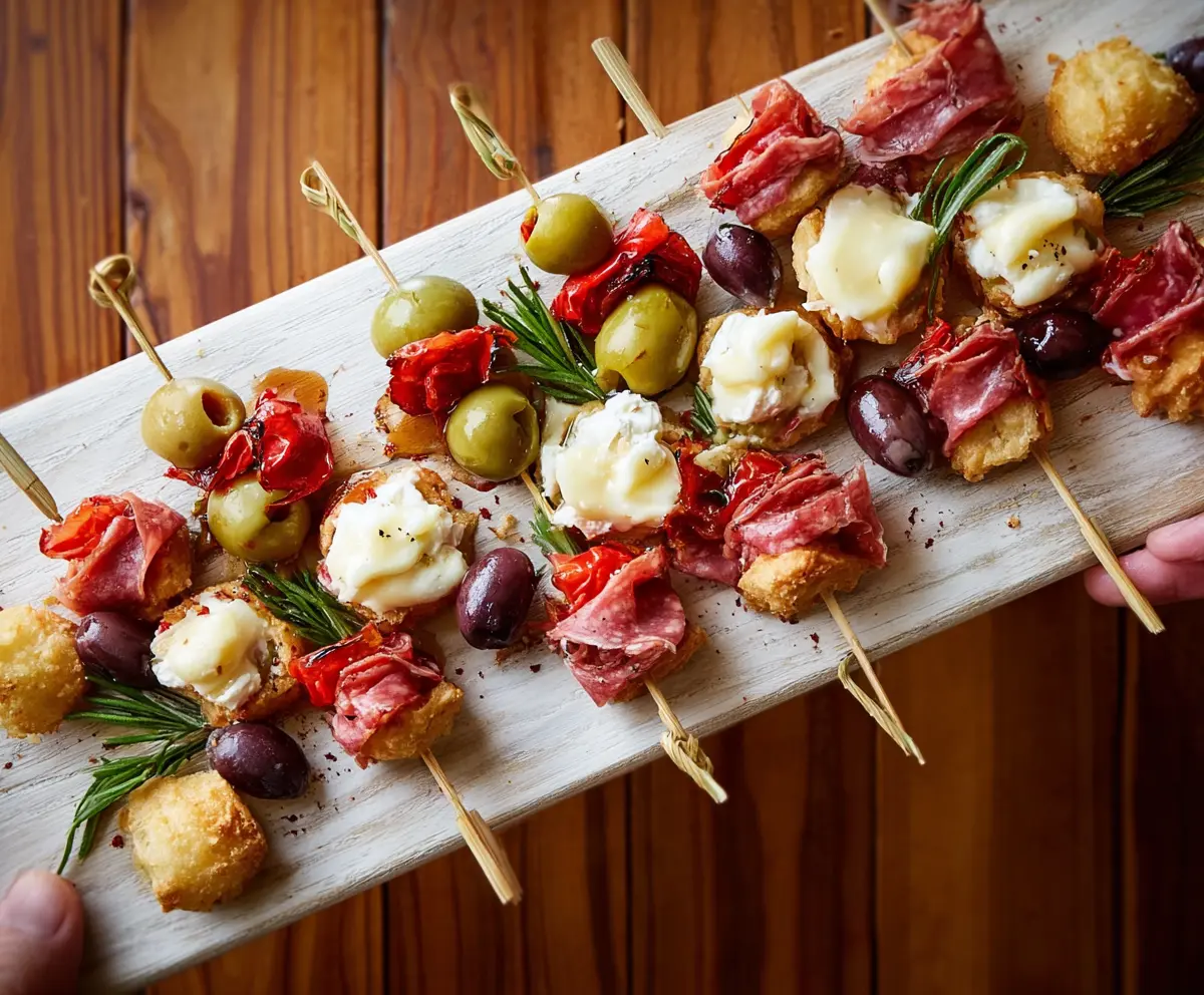 Delicious Antipasto Bites with assorted cured meats, cheeses, and fresh vegetables on a platter.