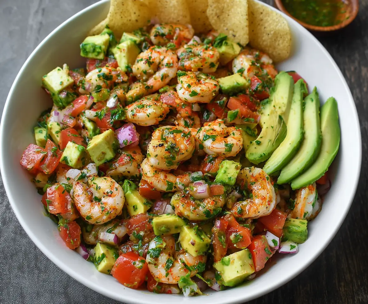 Fresh avocado salsa shrimp salad served in a bowl, highlighting vibrant greens and pink shrimp.