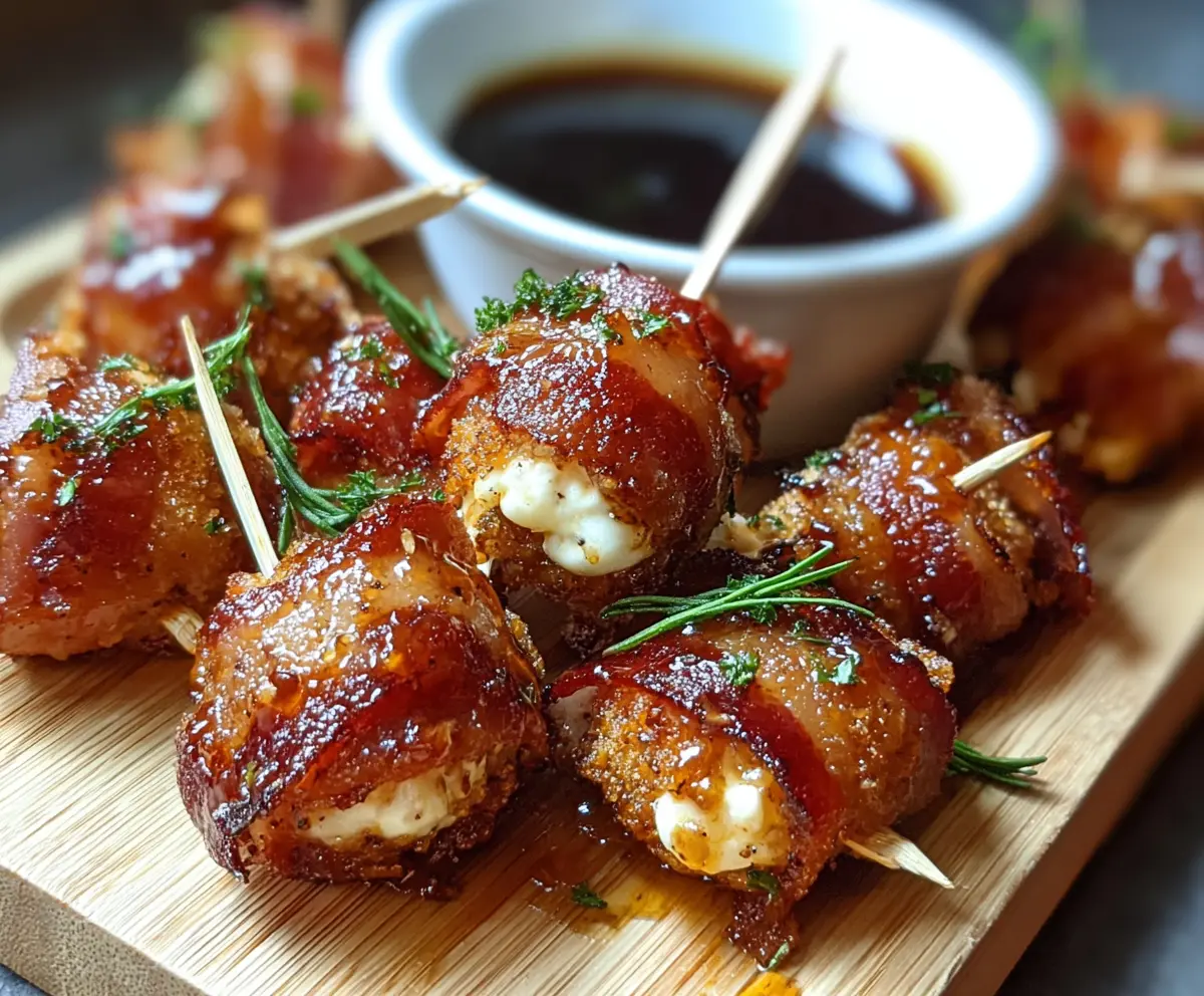 Bacon mozzarella poppers drizzled with sweet maple glaze on a plate.