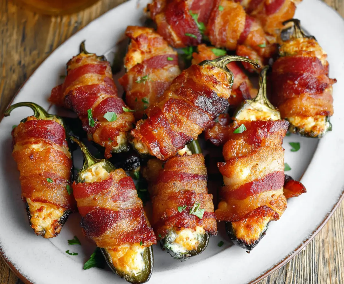 Delicious bacon-wrapped jalapeño poppers with melted cheese filling.