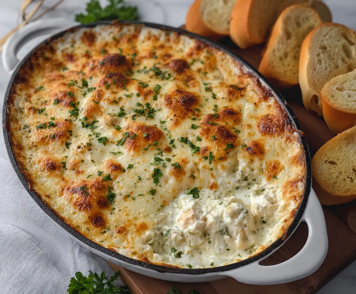 Creamy baked chicken Alfredo dip served with crispy breadsticks, perfect for appetizer or party snacks.